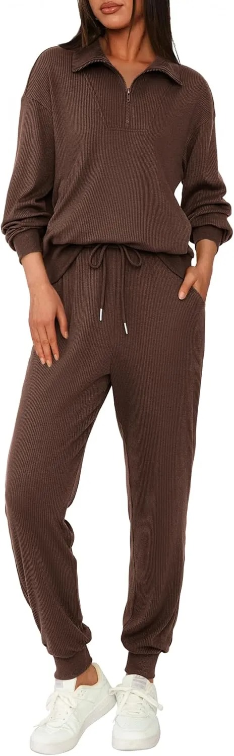 Women's Long Sleeve Half Zip Sweatshirt Sweatpants Lounge Set Sweatsuits with Pockets