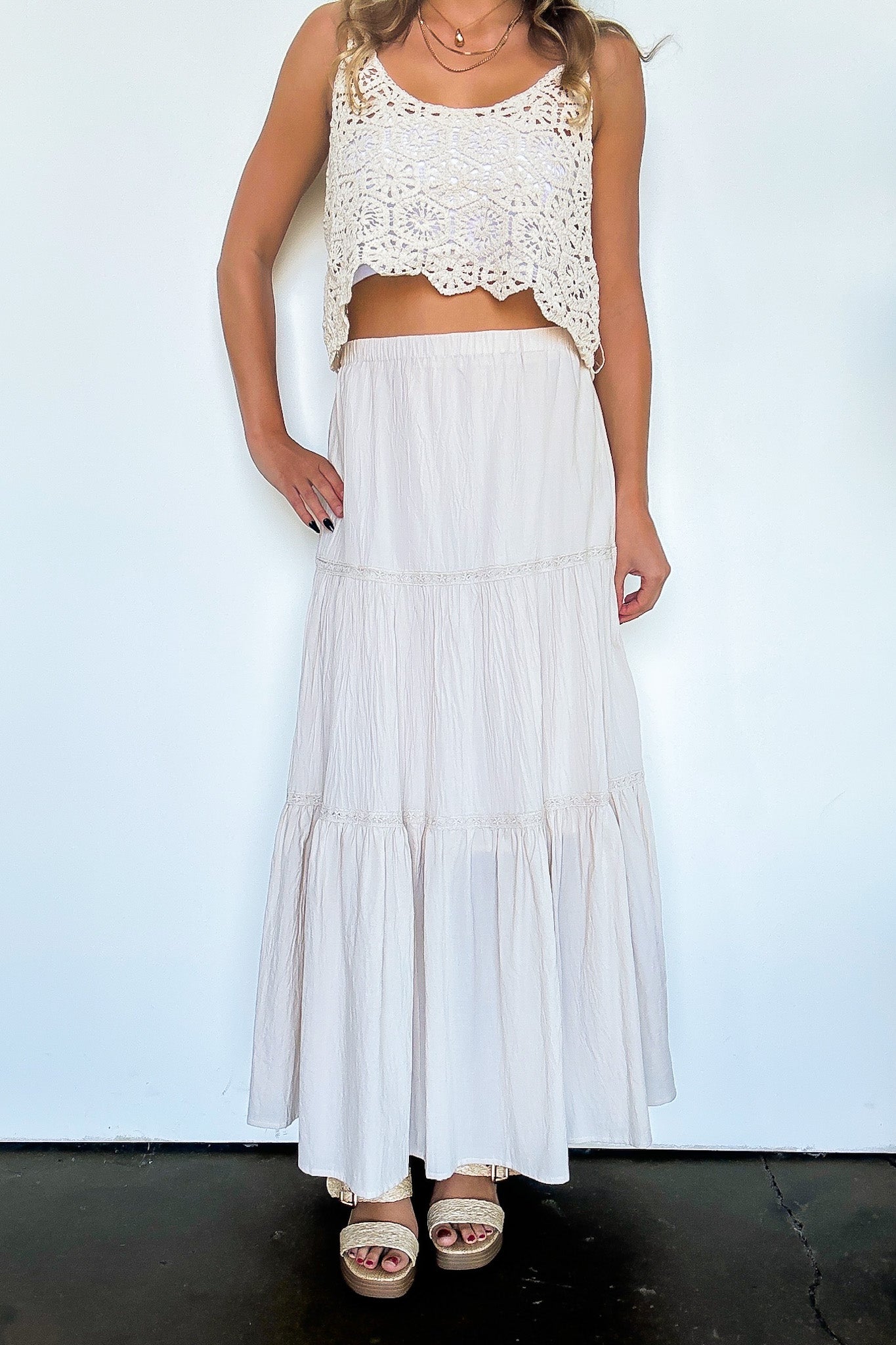 Crochet Detail Tiered Maxi Skirt
