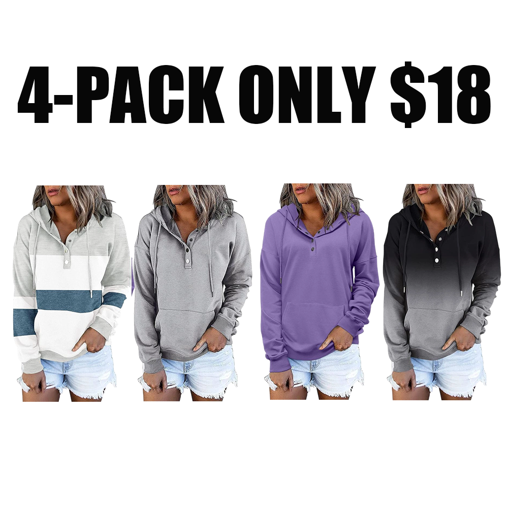 Womens Hooded Button Collar Drawstring Hoodies Pullover Sweatshirts