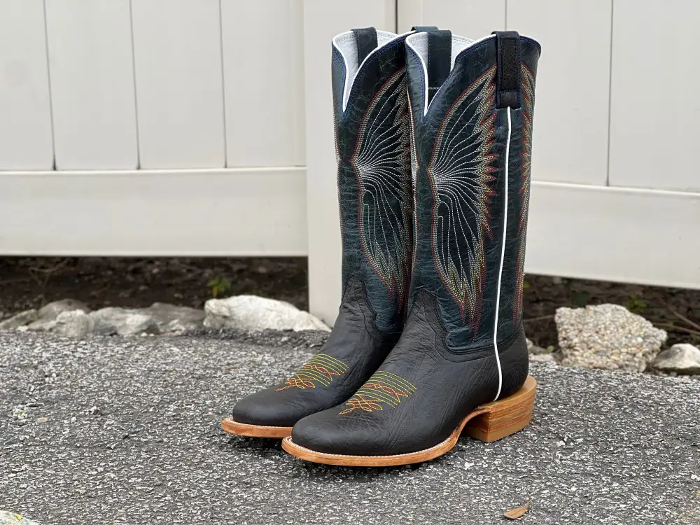 Men’s Black Shoulder Leather Boots With Navy Blue Shaft