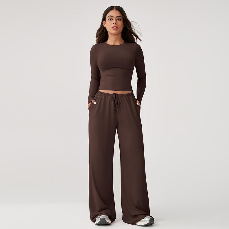 Women’s Long-Sleeve Crop Top & Wide-Leg Pants Activewear Set