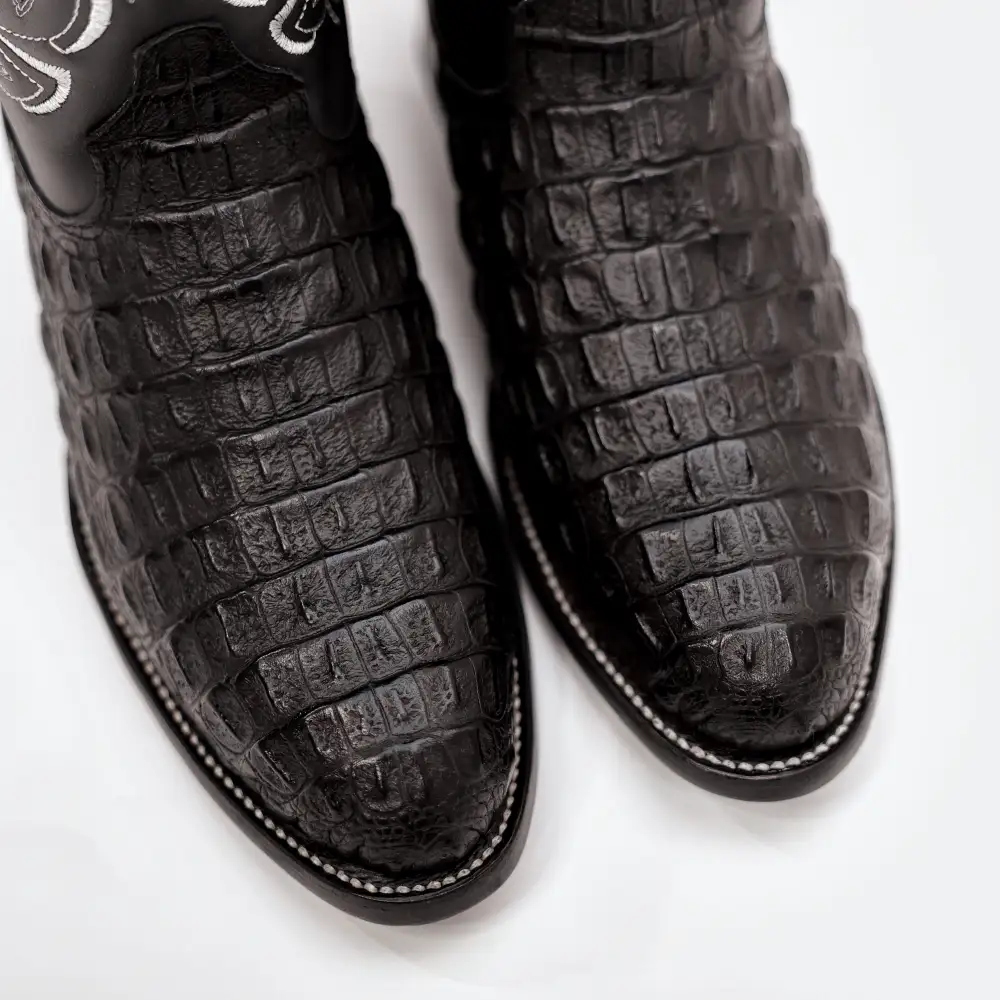 Black Caiman Hornback Leather Boots - Round Toe