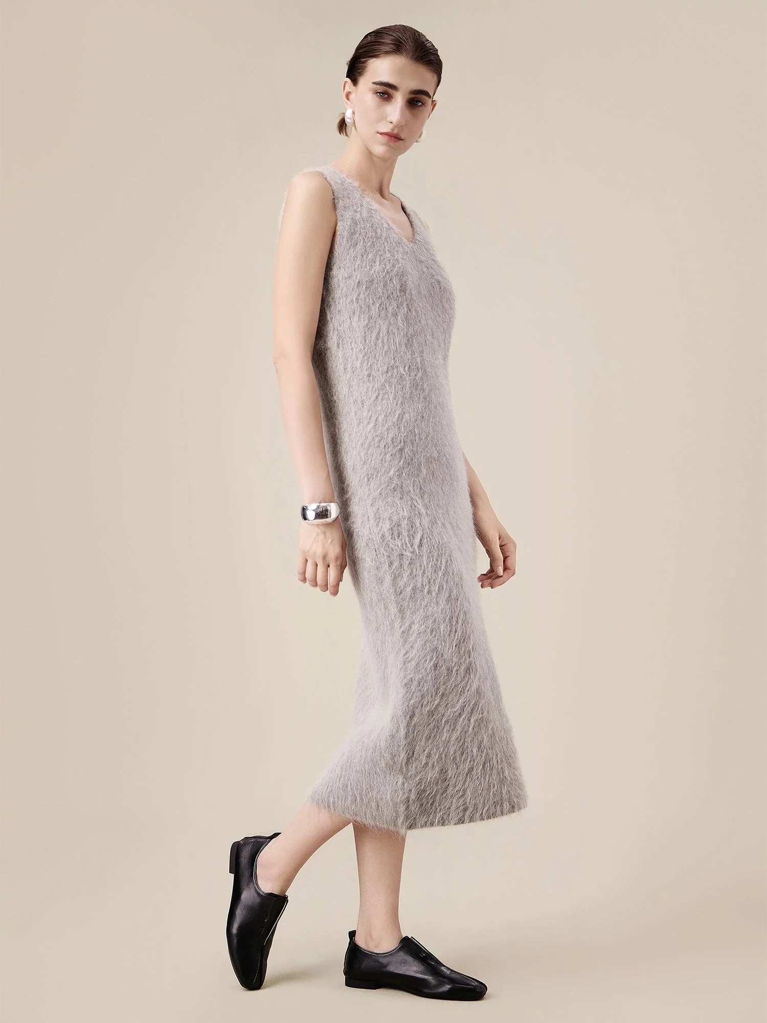 Alpaca V-Neck Sleeveless Plush Knit Vest Dress
