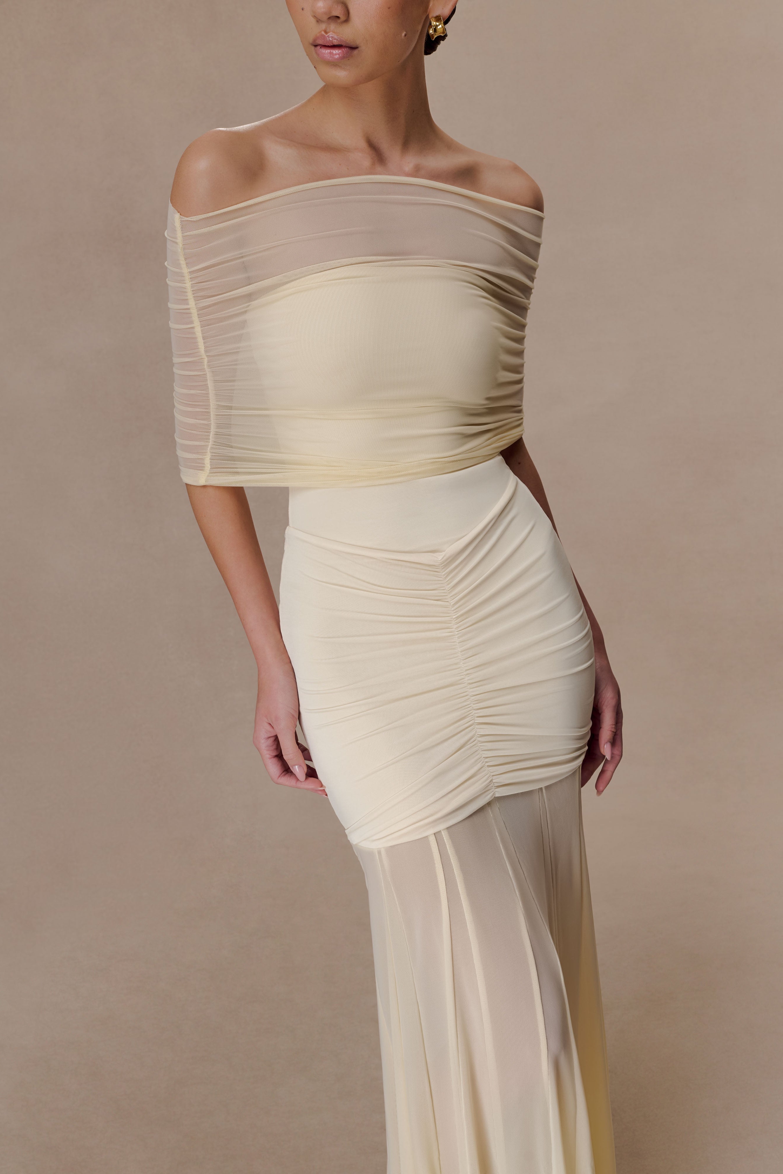 Ivory Slinky And Mesh Off Shoulder Maxi Dress