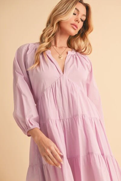 Notched Balloon Sleeve Tiered Mini Dress