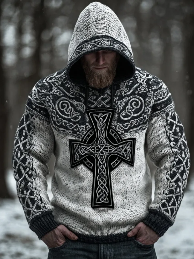 Men's Viking Style Mysterious Celtic Cross Hooded Sweater