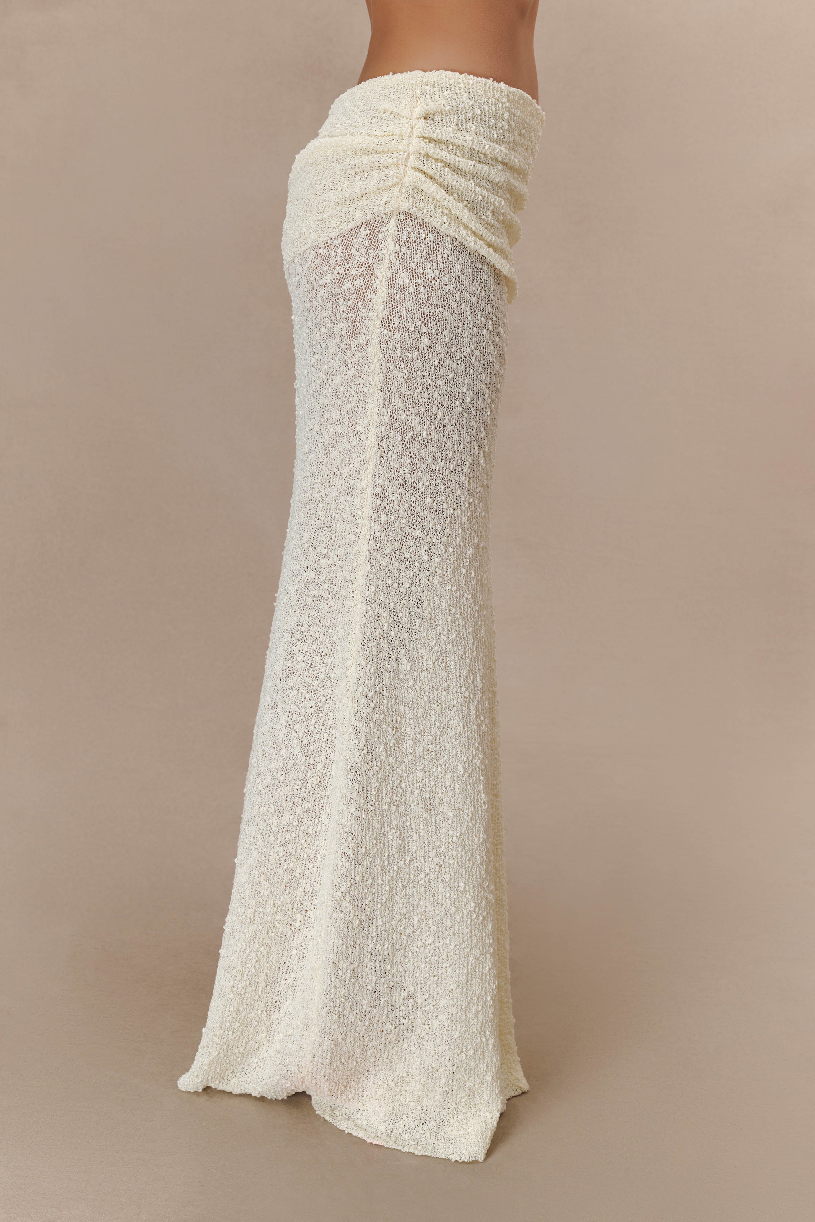 Ivory Ruched Knit Maxi Skirt