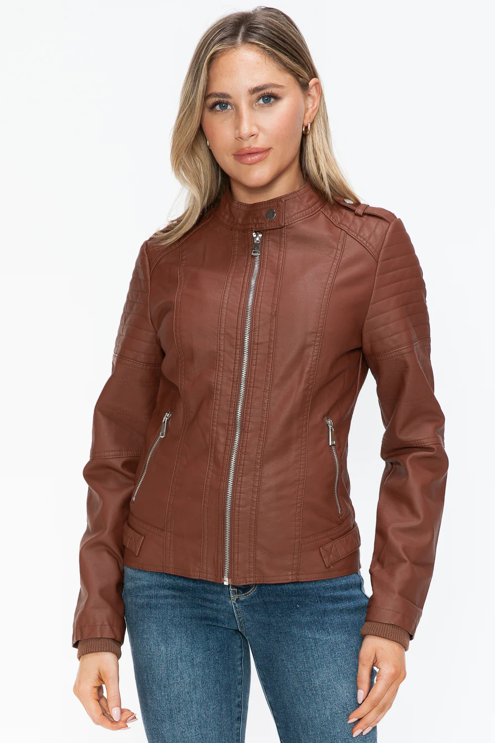 PU Leather Biker Jacket with Side Zip Pockets