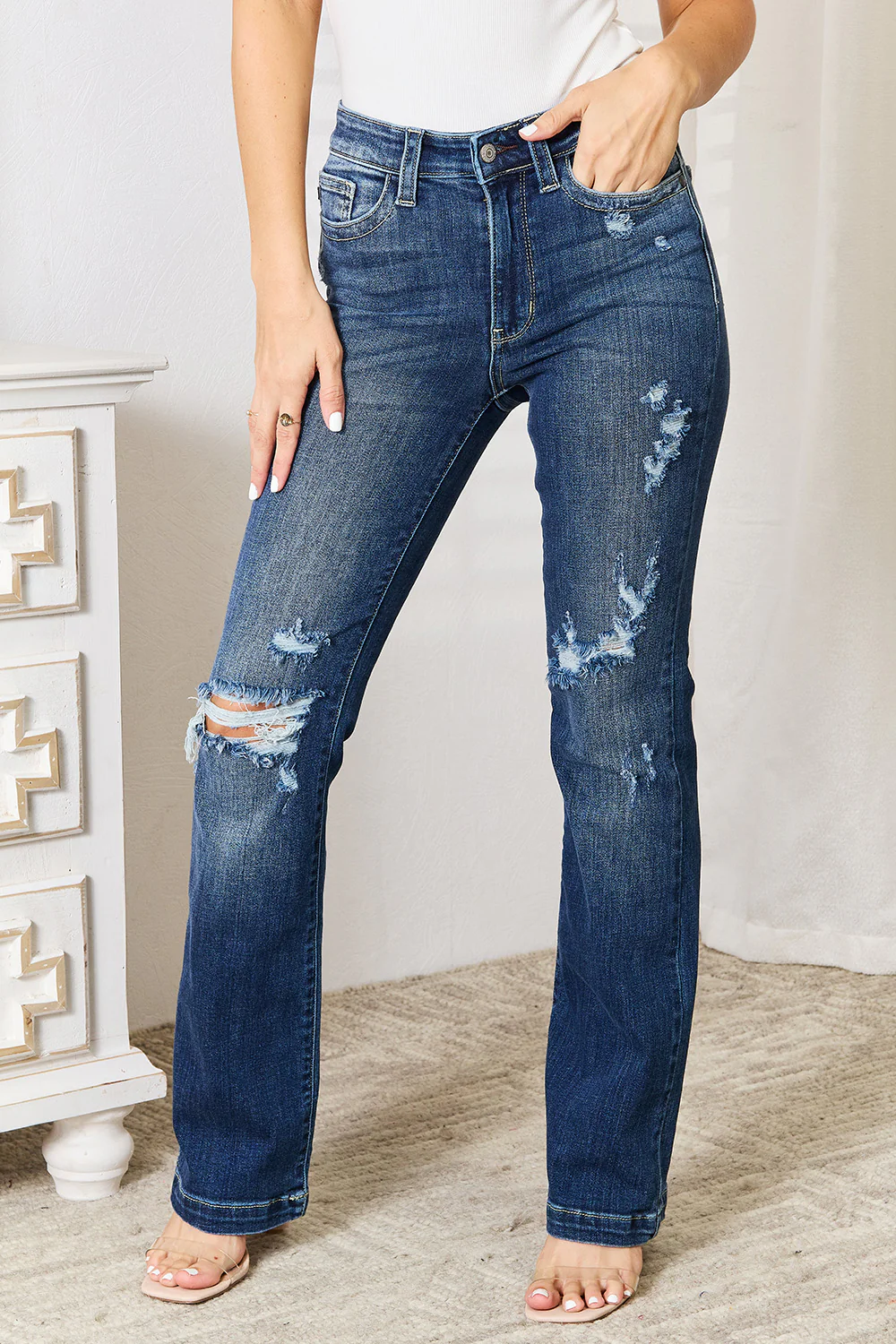Blue Full Size Mid Rise Hand Sand & Destroy Bootcut Jeans