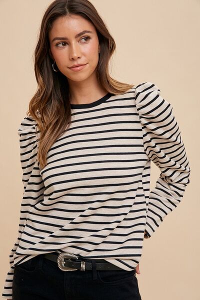 Wear Striped Round Neck Puff Sleeve French Terry Top