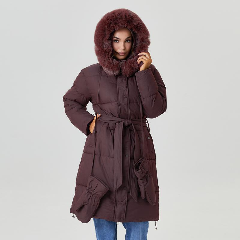Women's Classy Solid Color Fluffy Hooded Waist Tie Zipper Thermal Long Outerwear with Gloves