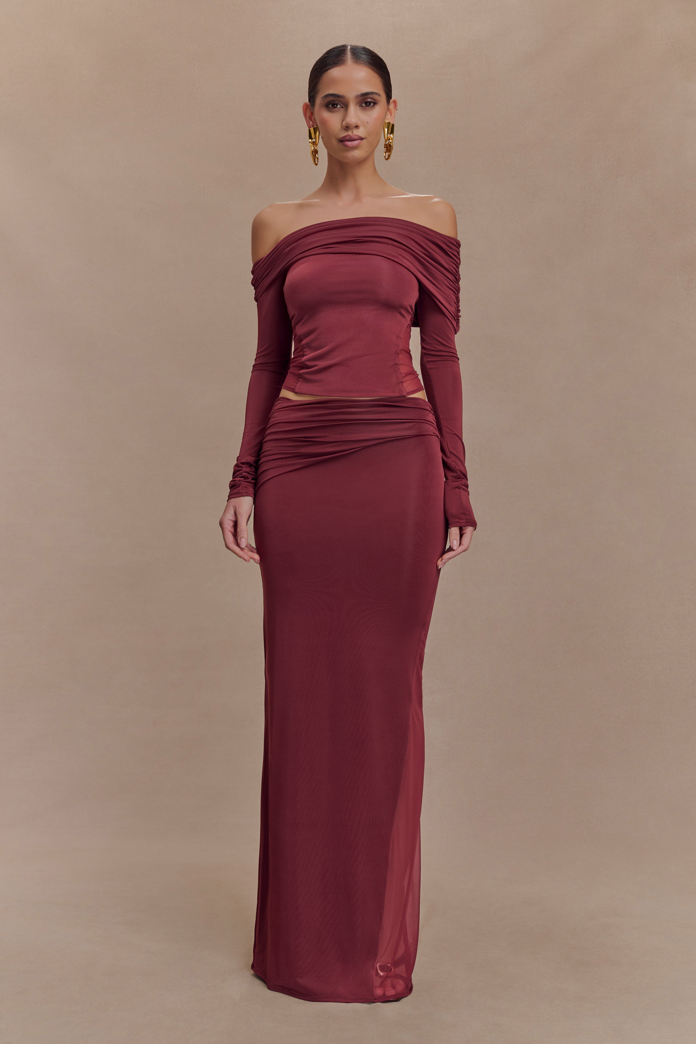 Wine Slinky And Mesh Maxi Skirt