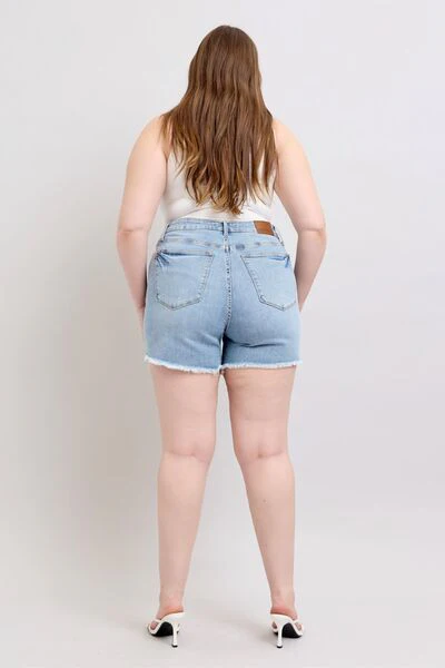 Blue Full Size Tummy Control Raw Hem Denim Shorts