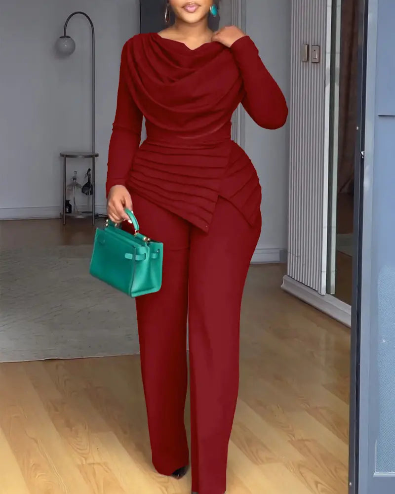 Cowl Neck Asymmetrical Patchwork Ruched Jumpsuit Casual Cinched Waist Zipper Back Straight Leg Jumpsuit
