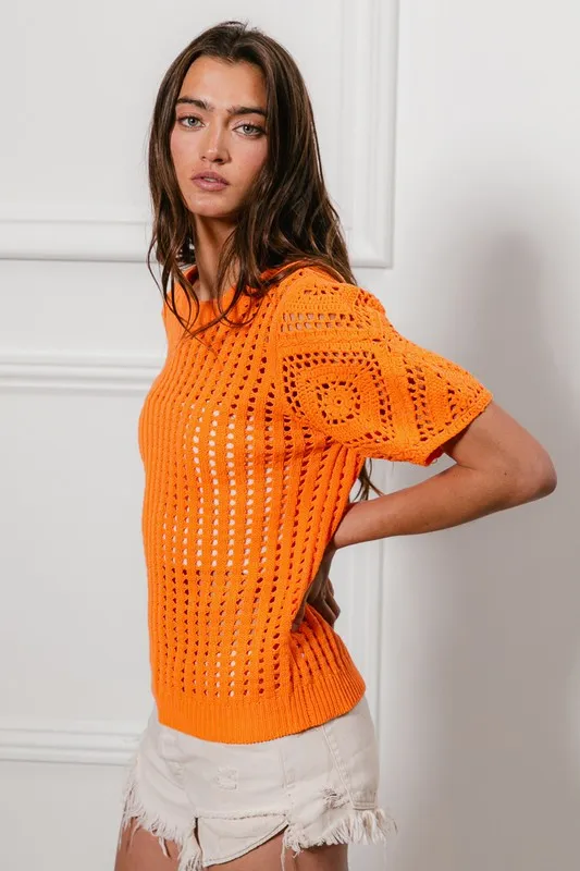 Crochet Knit Cover Up With Puff Sleeves