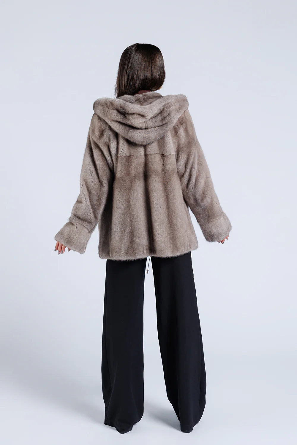 Haină din Blană Naturală de Vizon, cu Glugă, Femei, Silver Blue 206