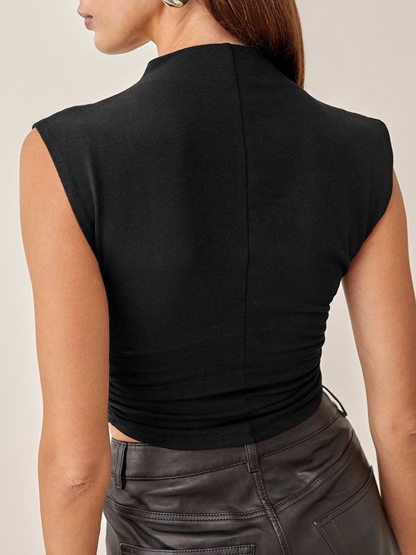 Pleated Solid Color Skinny Sleeveless Stand Collar Vest Top