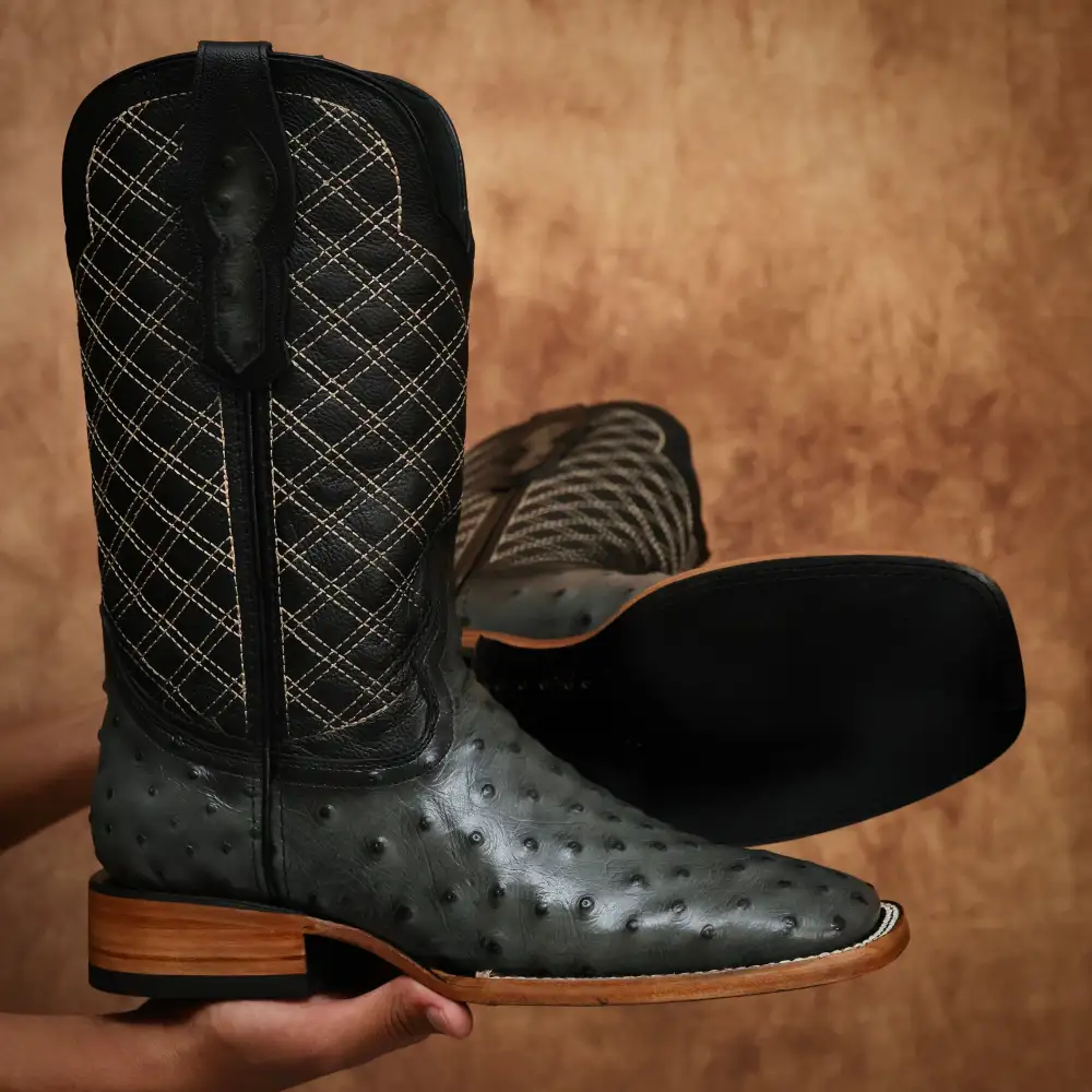 Grey Ostrich Leather Boots - Square Toe