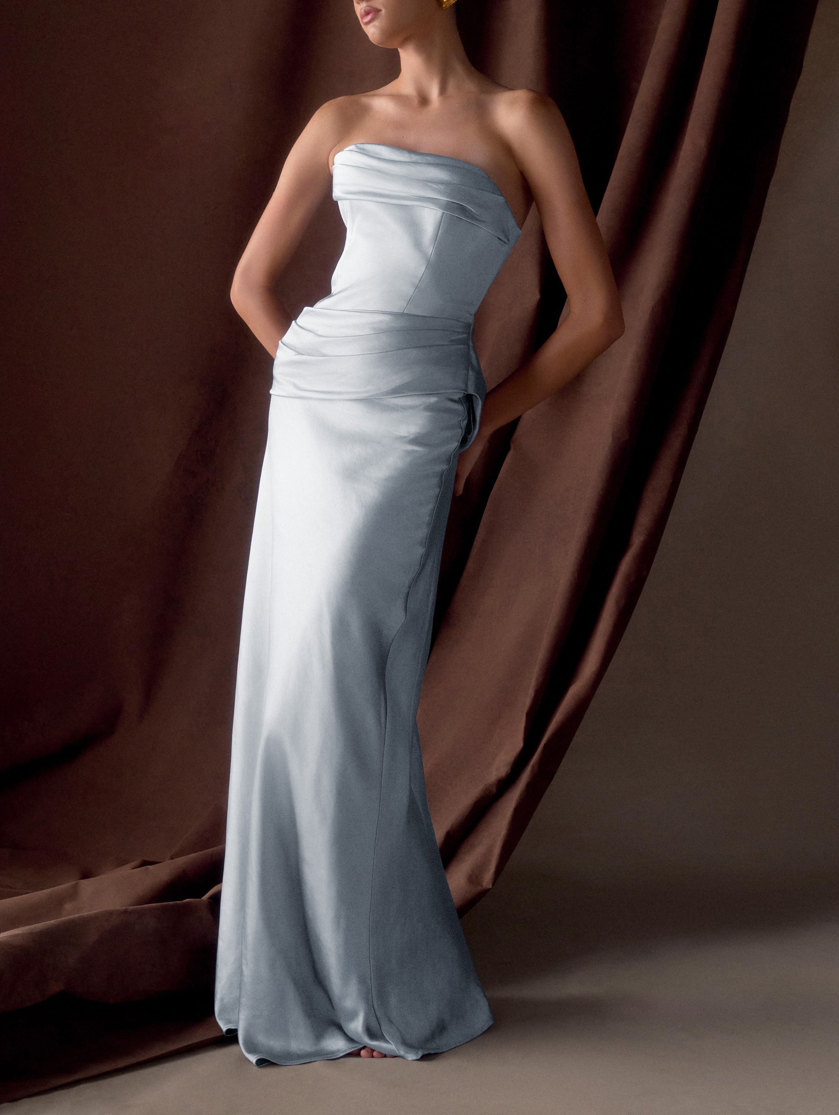 Blue Strapless Satin Maxi Dress