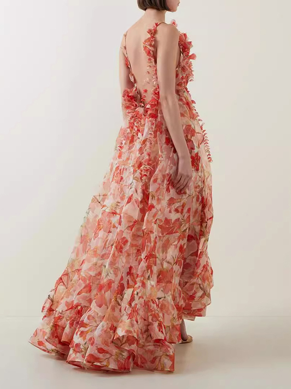 Flower Printed Sleeveless V-Neck Elegant Gauze Maxi Dresses