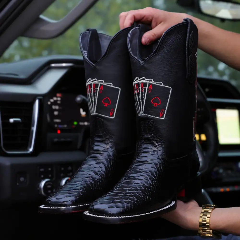 “Royal Flush” Python Leather Boots - Square Toe