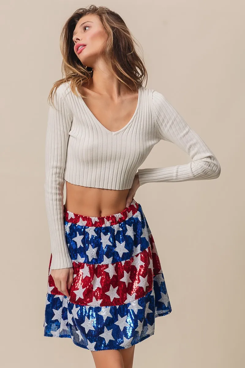 American Flag Theme Star Sequin Tiered Skirt