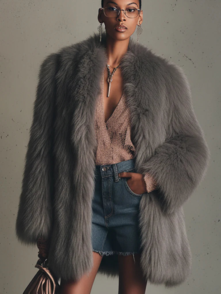 Gray Faux Fox Fur Eco Friendly Long Sleeve Jacket