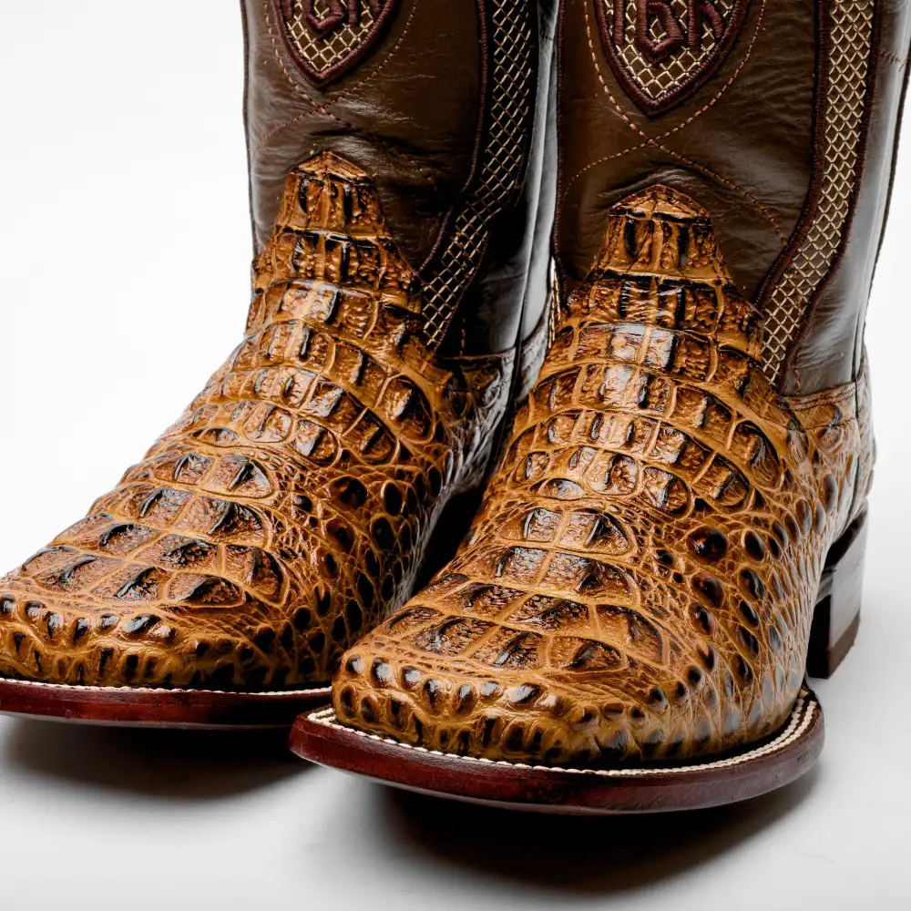 Honey Caiman Neck Leather Boots - Square Toe