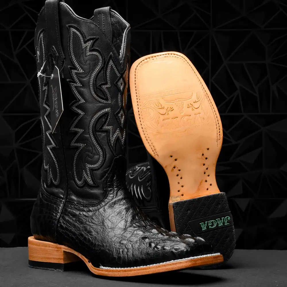 Black Caiman Neck Leather Boots - Square Toe