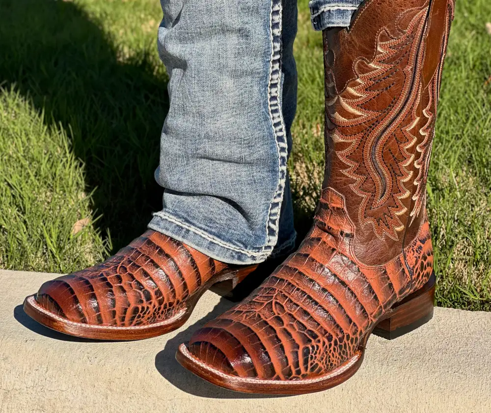 Men’s Cognac Caiman Belly Leather Boots With Brown Shaft