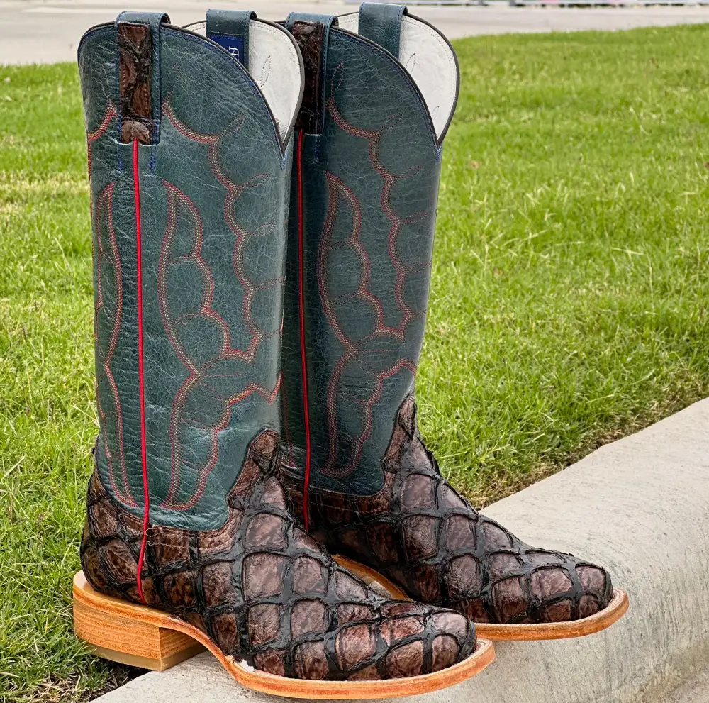 Men’s Brown Pirarucu Leather Boots With Blue  Shaft