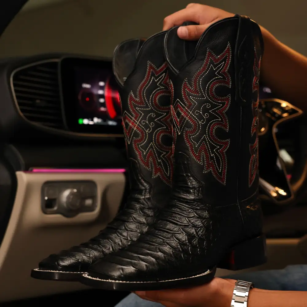 Black Anaconda Leather Boots -Square Toe