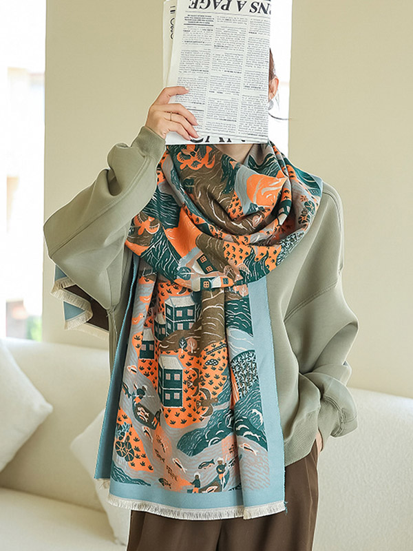 Vintage Printed Tasseled Shawl&Scarf