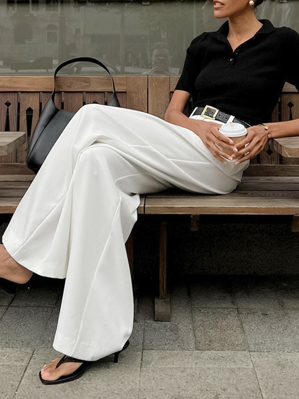 No Belt Pleated Pockets Solid Color High Waisted Loose Trousers Suit Pants