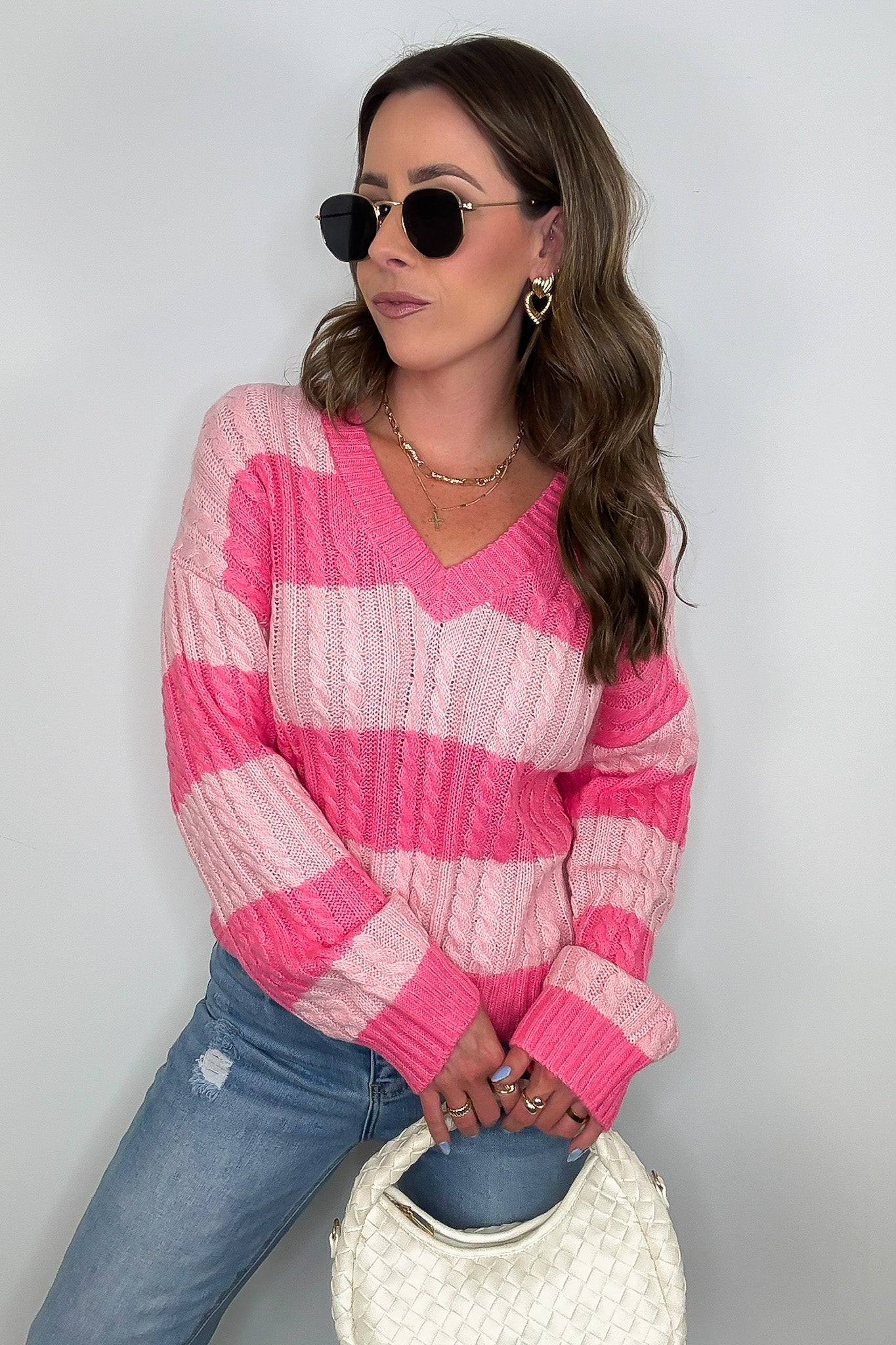 V-Neck Striped Cable Knit Sweater