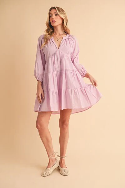 Notched Balloon Sleeve Tiered Mini Dress