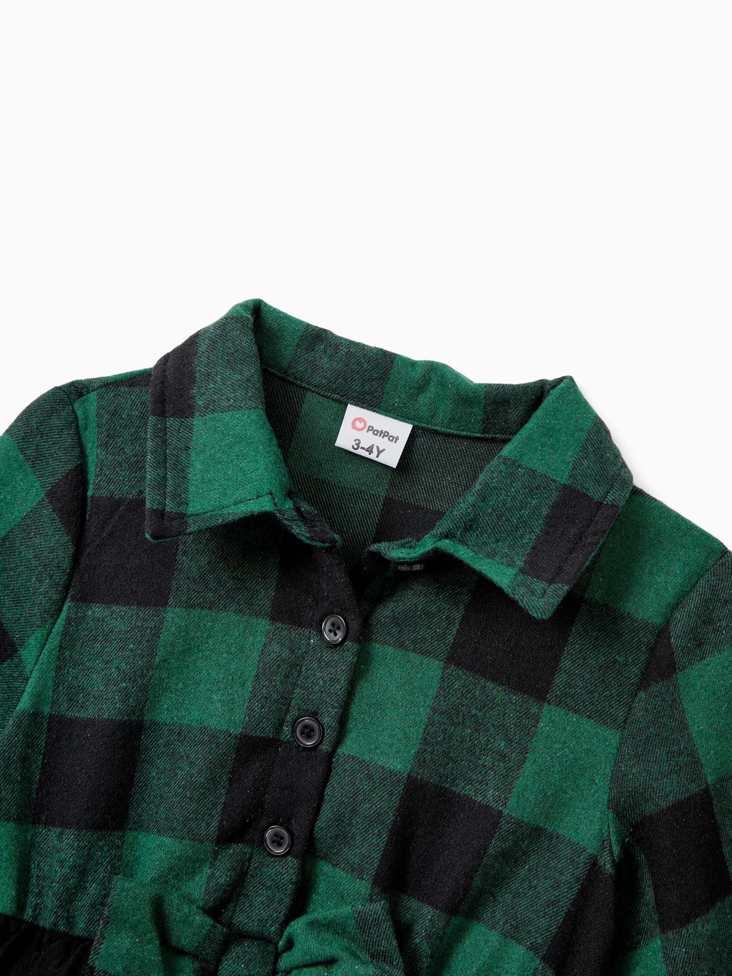 Family Matching Sets Green Plaid Long Sleeves Shirt or Tulle Mesh Dress DarkGreen