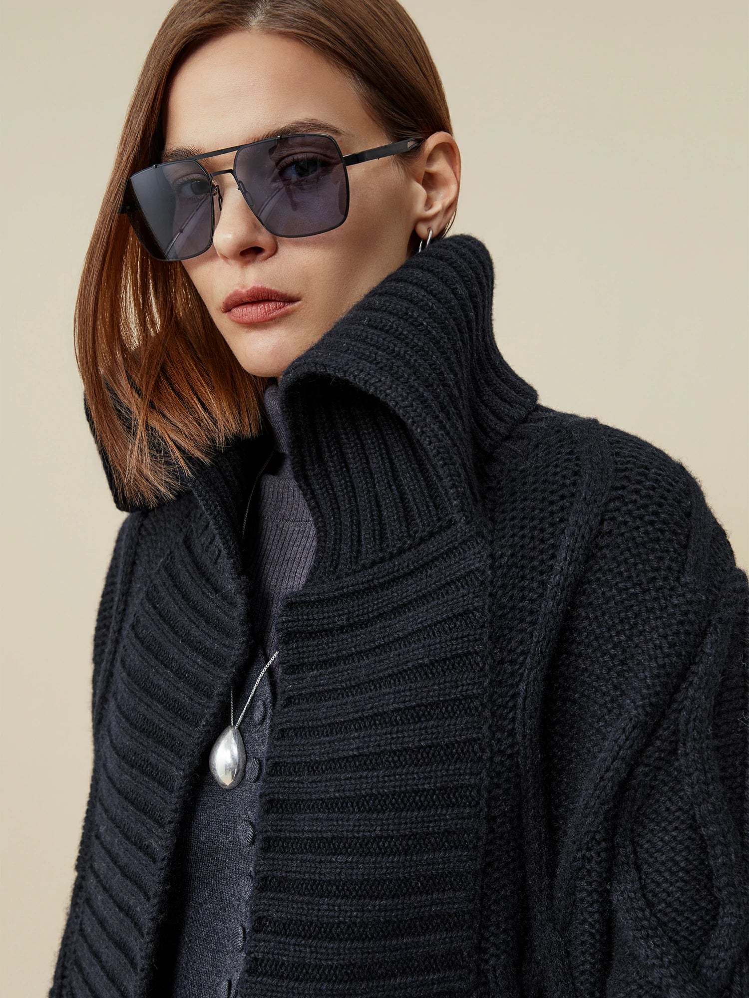 64% Wool Lapel Long Sleeve Knit Long Cardigan