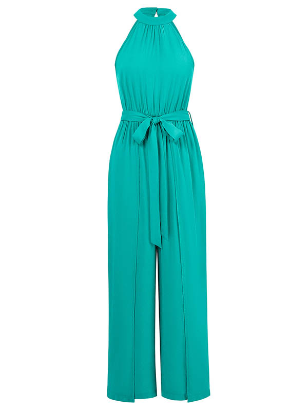 Pleated Solid Color Split-Front Tied Waist High Waisted Loose Halter-Neck Jumpsuits