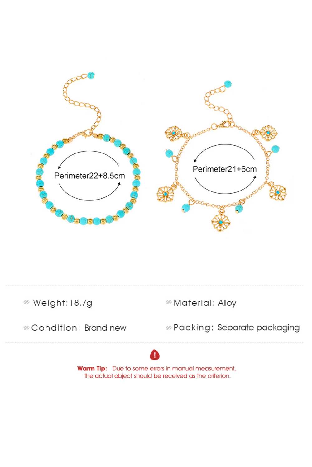 Gold Turquoise Beaded Flower Charm Layered Adjustable Anklet