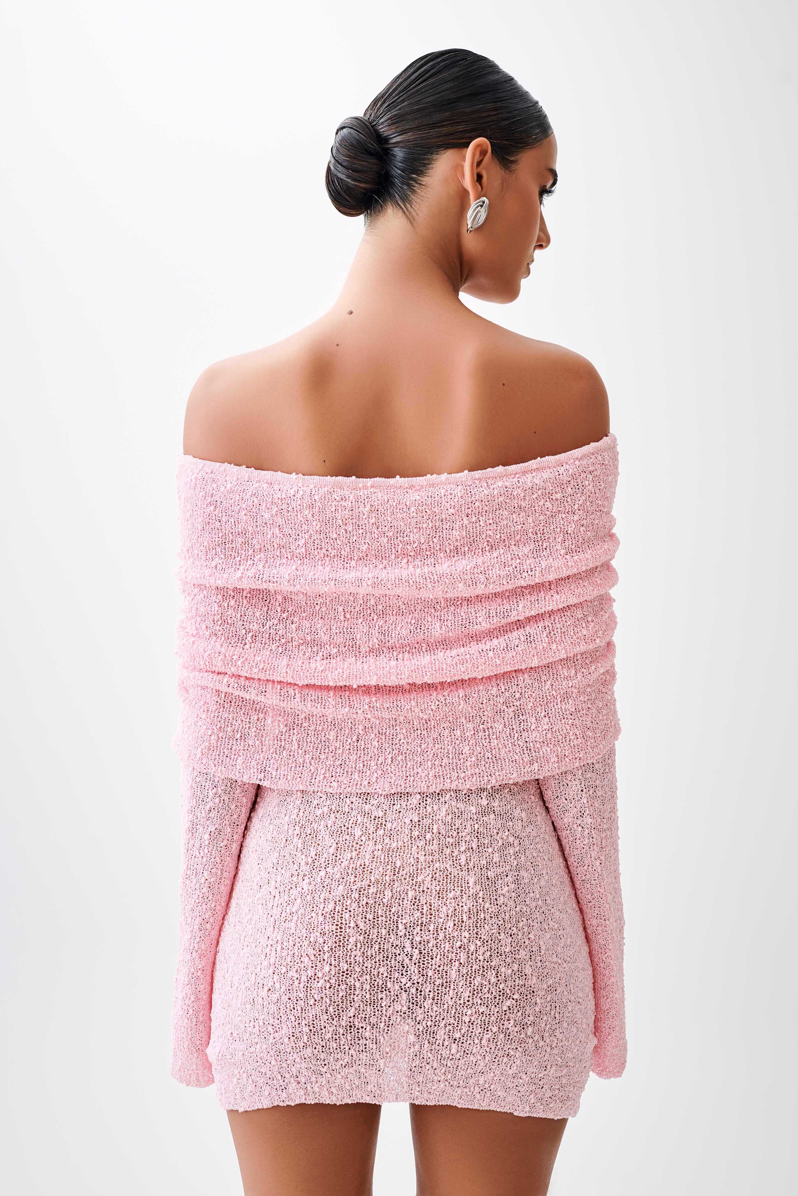 Pink Off Shoulder Boucle Mini Dress