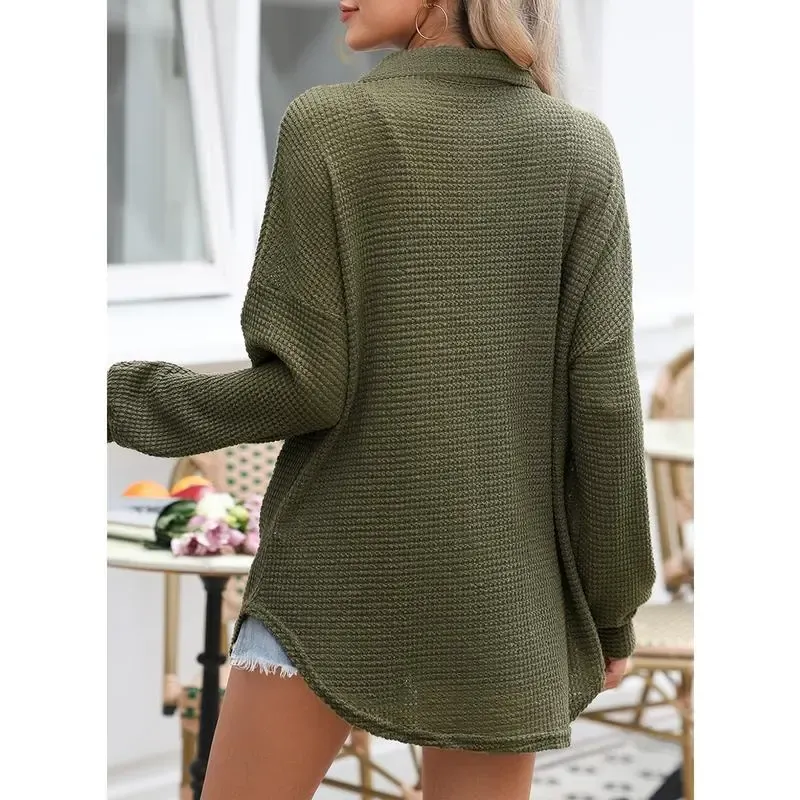 Women's Waffle Henley Shirt Tops