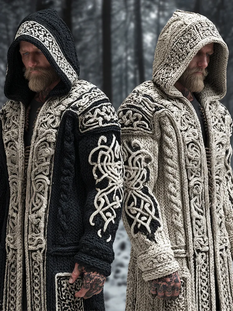 Viking & Celtic Knot Art Men's Hooded Knit Long Cardigan