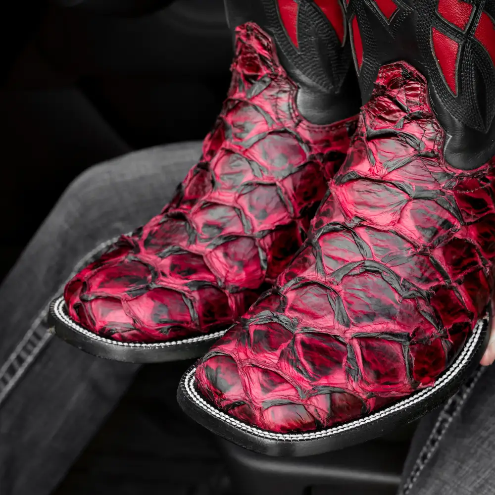 Genuine Black Cherry Pirarucu Boots - Square Toe