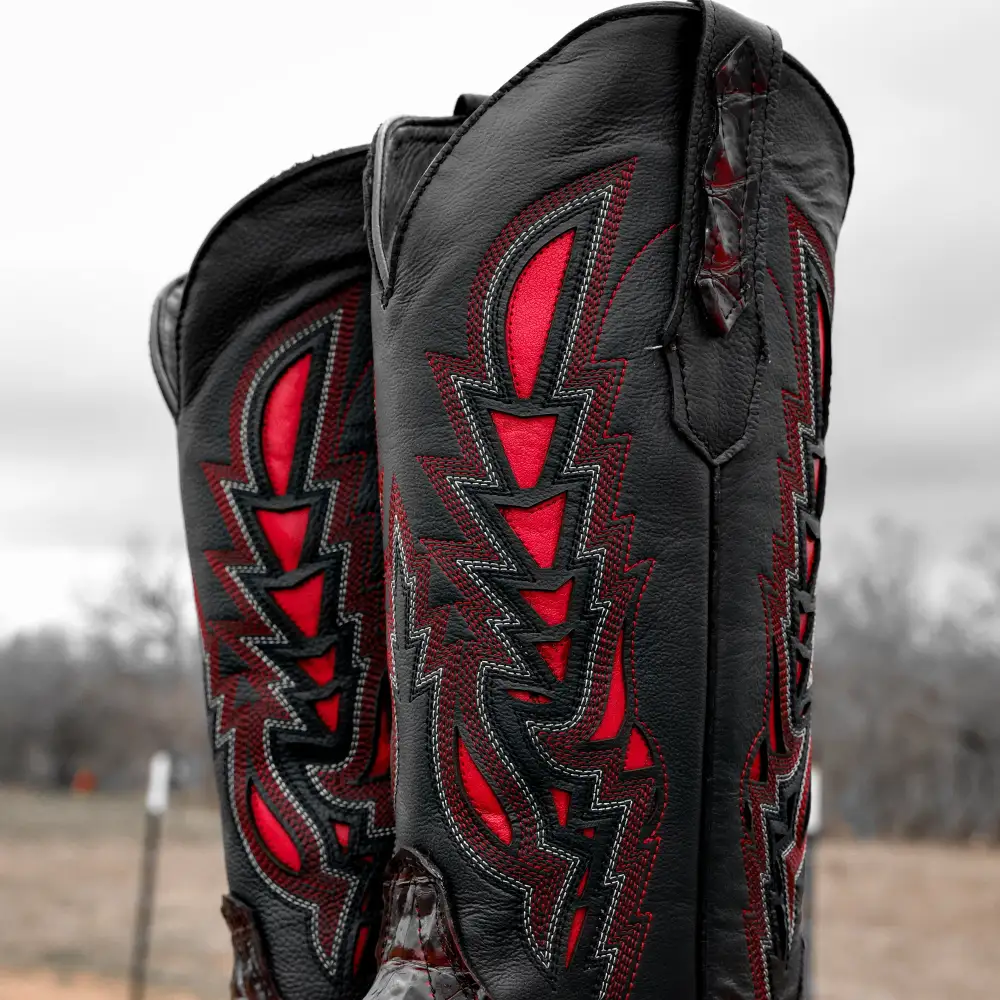 Black Cherry Caiman Neck Leather Boots - Square Toe