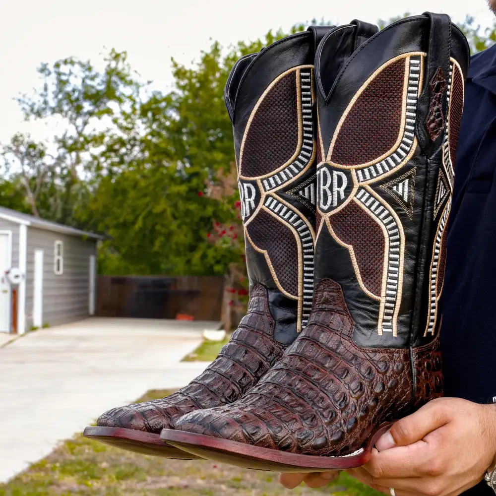 Brown Caiman Hornback Leather Boots - Square Toe