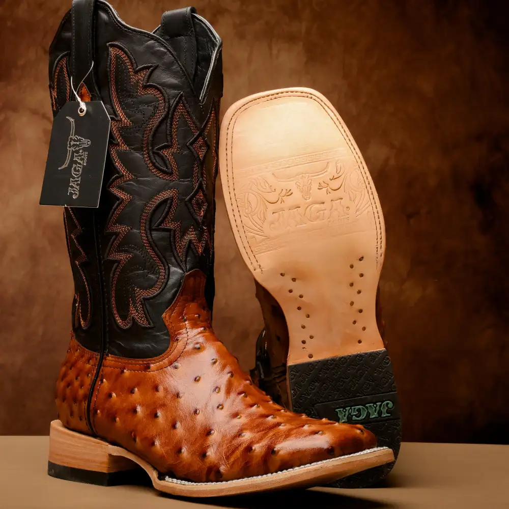 Cognac Ostrich Leather Boots - Square Toe