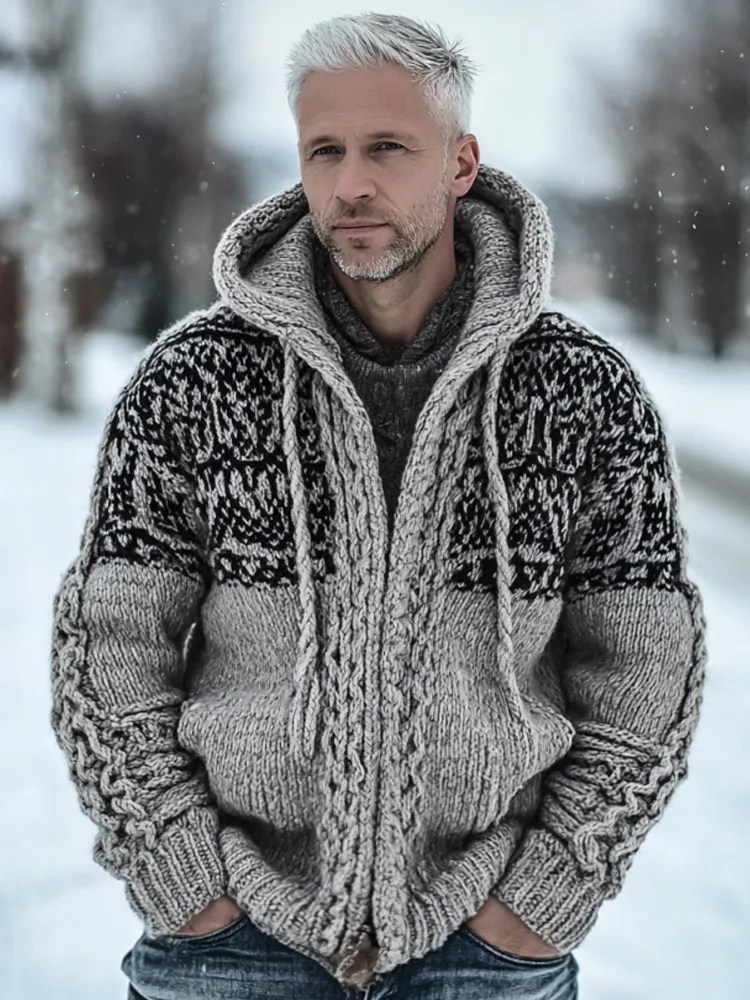 Men's Vintage Casual Viking Knit Hooded Sweater