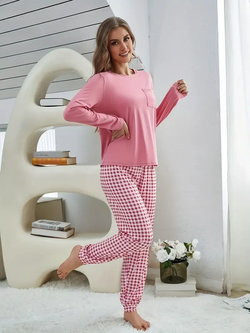 Cozy Women's Fall Lounge Set - Soft Solid Long Sleeve Round Neck Top, Plaid Jogger Pants, Comfortable Relaxed Fit, Perfect for Casual Daily Wear