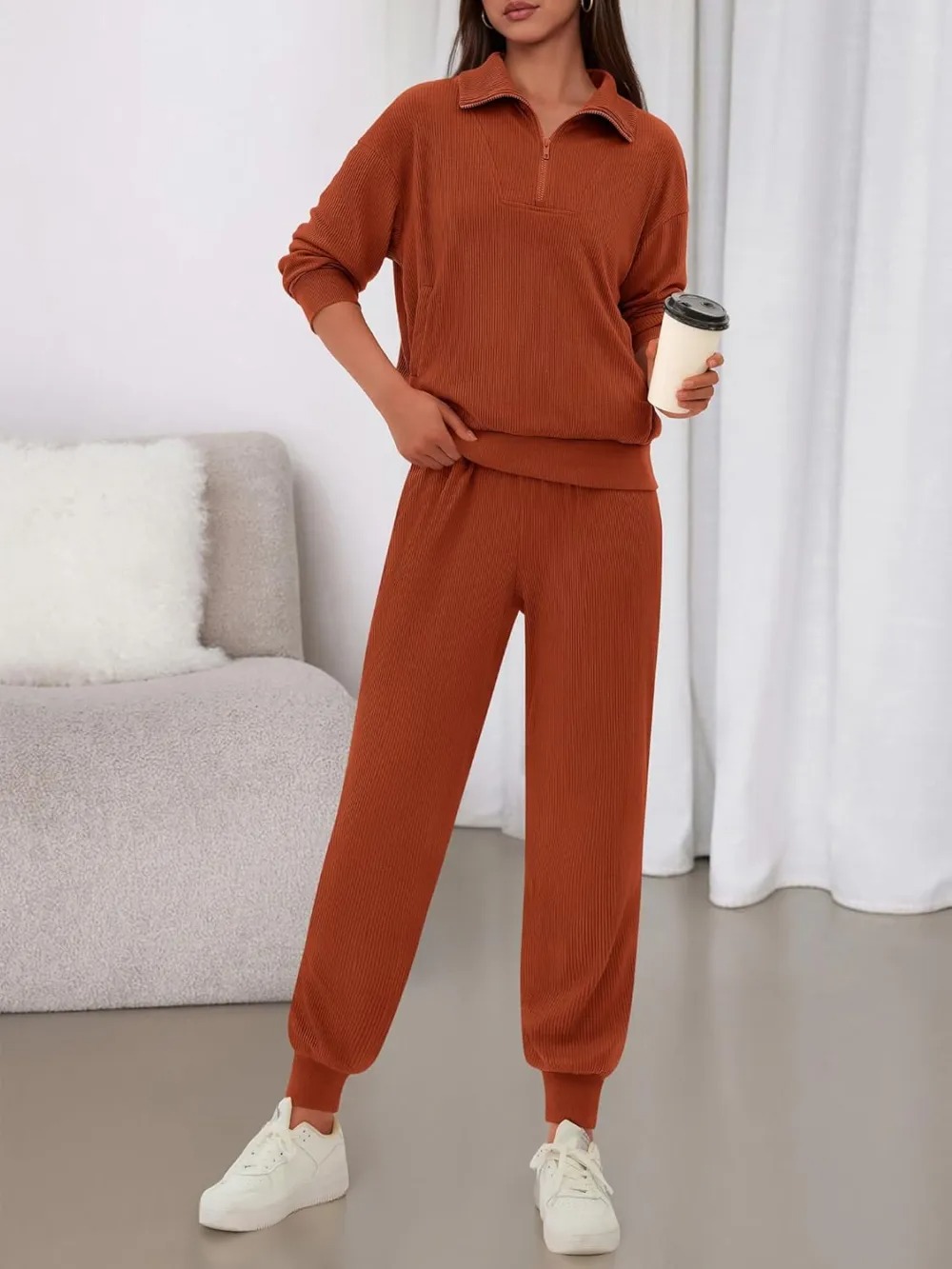 Women's Long Sleeve Half Zip Sweatshirt Sweatpants Lounge Set Sweatsuits with Pockets